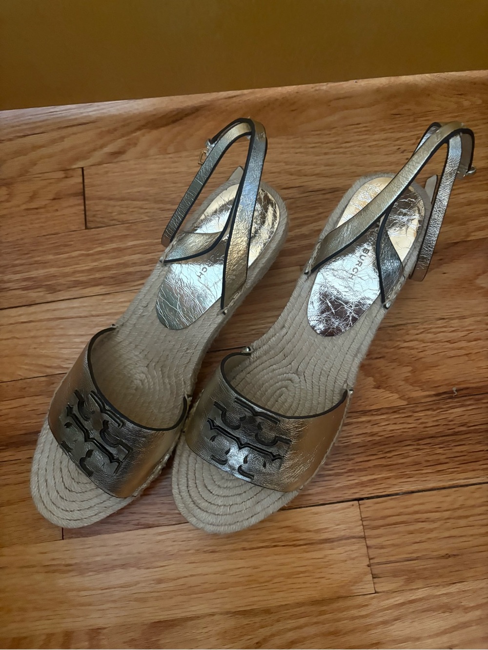 Tory Burch Ines Metallic Double T Wedge Espadrilles